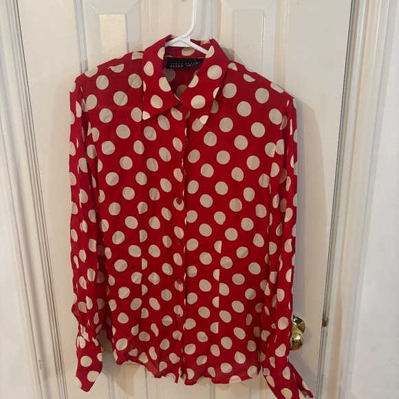 100 % silk red with white polka dots button up 90s - Picture 2 of 5